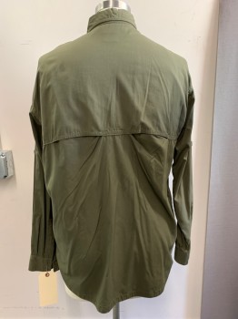 Mens, Casual Shirt, COLUMBIA, Olive Green, Nylon, Solid, L, Ripstop, L/S, Button Front, C.A., 2 Flap Pocket, Back Vent