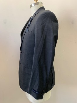 Mens, Suit, 2 Pieces, Tommy Hilfiger, Smoky Black, Wool, Polyester, Heathered, 44 R, Button Front, Notched Lapel, 3 Pockets, L/S,