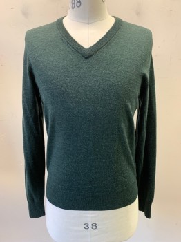 Mens, Pullover Sweater, BROOKS BROTHERS, Dk Green, Wool, Solid, S, L/S, V Neck
