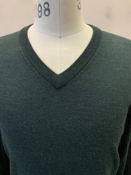 Mens, Pullover Sweater, BROOKS BROTHERS, Dk Green, Wool, Solid, S, L/S, V Neck