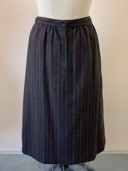 SASSON, Dusty Black, Red Burgundy, White, Polyester, Wool, Stripes - Pin, Pleated, Below Knee Length, Back Zipper,