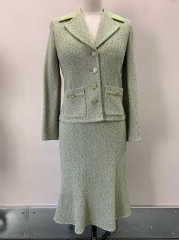 Womens, Suit, Jacket, ST JOHN COLLECTION, Lt Green, Black, White, Cotton, Polyester, 2 Color Weave, W28, B38, H40, 4 Gold buttons Single Breasted, Notched Lapel, Top Pockets With Gold Links, Shoulder Pads