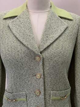 Womens, Suit, Jacket, ST JOHN COLLECTION, Lt Green, Black, White, Cotton, Polyester, 2 Color Weave, W28, B38, H40, 4 Gold buttons Single Breasted, Notched Lapel, Top Pockets With Gold Links, Shoulder Pads