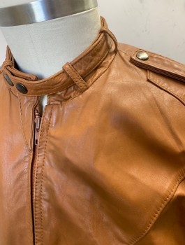 Mens, Leather Jacket, GOLDEN STATE, Caramel Brown, Leather, Solid, 40, Zip Front, Bomber With Rib Knit Waistband And Cuffs, Band Collar With Strap, Epaulettes, 2 Welt Pockets