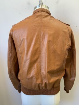 Mens, Leather Jacket, GOLDEN STATE, Caramel Brown, Leather, Solid, 40, Zip Front, Bomber With Rib Knit Waistband And Cuffs, Band Collar With Strap, Epaulettes, 2 Welt Pockets