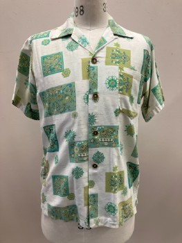 MADE IN HAWAII, Off White/ Assorted Greens, Floral And Squared Print, C.A., B.F., S/S, 1 Pocket