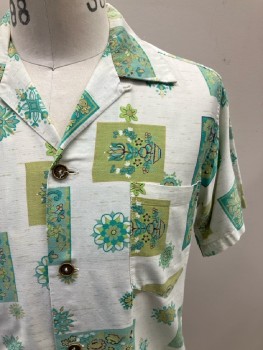 MADE IN HAWAII, Off White/ Assorted Greens, Floral And Squared Print, C.A., B.F., S/S, 1 Pocket