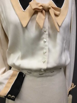 Womens, Dress, N/L, Cream, Black, Tan Brown, Off White, Rayon, Solid, W 26, B 38, Cream W/large Tan,black W/off White Piping Trim Collar Attached and Back Flap, Tan Bow-tie, Long Sleeves W/matching Tan,black Trim W/Gold Outline Button, Flair Bottom, Odd Shapes Button Front, Side Zip, NO BELT