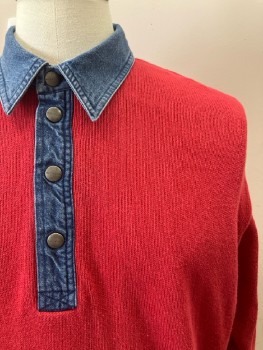 Mens, Sweater, BLUE WILLIS, L, Red, Knit, Denim Blue C.A. And Placket, L/S
