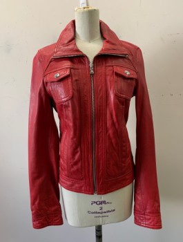 Womens, Leather Jacket, BLACK RIVET, Red, Leather, Solid, XS, C.A., Zip Front, 4 Pockets, Zipper Cuffs