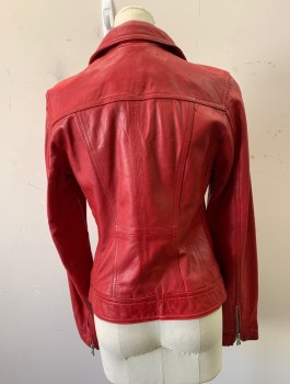 Womens, Leather Jacket, BLACK RIVET, Red, Leather, Solid, XS, C.A., Zip Front, 4 Pockets, Zipper Cuffs