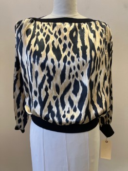 N/L, Black, Beige, White, Polyester, Animal Print, Boat Neck, L/S, Ribbed Neck, Cuffs, And Waist Band, Shoulder Pads