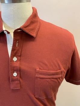BILLY REID, Brick Red, Cotton, Solid, S/S, 4 Buttons, White Top Stitch, Jersey Knit **Discoloration On Chest