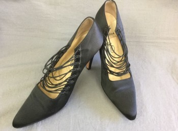 Womens, Shoes, TODD OLDHAM, Black, Silk, Leather, Solid, 8, Pumps, Satin Covered, Pointed Toe, Many Cord Elastic Laces Criss Crossed in Front, 4" Heel,