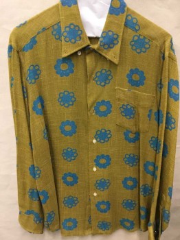 Mustard Yellow, Turquoise Blue, Cotton, Linen, Floral, Button Front, Button Down Collar, Long Sleeves, 1 Pocket,