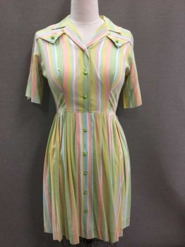N/L, Multi-color, Lt Green, Lt Pink, Yellow, White, Cotton, Stripes - Vertical , Short Sleeve,  Lime Green Plastic Buttons, Pleated Skirt, Pointed Flaps At Shoulder Yoke W/Decorative Lime Buttons, Knee Length Hem, Early 1960's