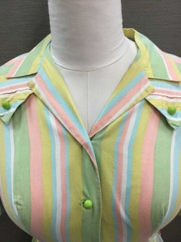N/L, Multi-color, Lt Green, Lt Pink, Yellow, White, Cotton, Stripes - Vertical , Short Sleeve,  Lime Green Plastic Buttons, Pleated Skirt, Pointed Flaps At Shoulder Yoke W/Decorative Lime Buttons, Knee Length Hem, Early 1960's