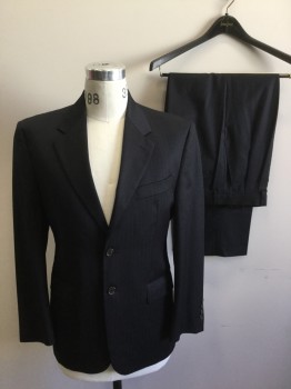 Mens, Suit, Jacket, CHAPS, Navy Blue, Wool, Stripes - Pin, 38S, Very Dark Navy (can Look Black in Certain Light) Single Breasted, Collar Attached, Notched Lapel, 3 Pockets, 2 Buttons