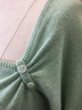 Womens, Pullover, TWELFTH STREET, Mint Green, Cashmere, Solid, S, Knit, Wide Square Neck, 3/4 Sleeves, 2 Button Looped Detail at Side of Neckline