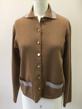 Womens, Sweater, FAMOUS BARR, Lt Brown, Wool, Solid, S, Cardigan, L/S, Gold Button Front, Cream/Lt Blue Stripes on Collar and Pockets, Ribbed Knit Collar, 2 Pckts,
