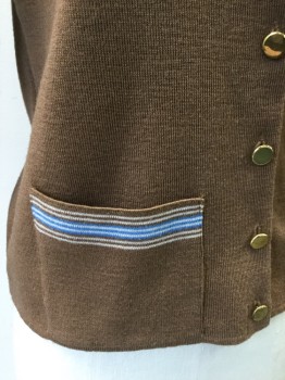 FAMOUS BARR, Lt Brown, Wool, Solid, Cardigan, L/S, Gold Button Front, Cream/Lt Blue Stripes on Collar and Pockets, Ribbed Knit Collar, 2 Pckts,