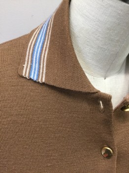 FAMOUS BARR, Lt Brown, Wool, Solid, Cardigan, L/S, Gold Button Front, Cream/Lt Blue Stripes on Collar and Pockets, Ribbed Knit Collar, 2 Pckts,