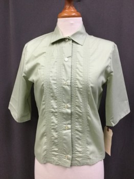 FORTREL, Avocado Green, Polyester, Cotton, Solid, Button Front, Collar Attached, Vertical Rows of Pin Tucks Down Front, 1/2 Sleeves,