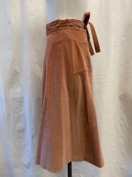 Womens, Skirt, Panther, Tan Brown, Cotton, Polyester, Solid, 27, Corduroy Wrap Skirt, 2 Back Pockets, Early 70s,