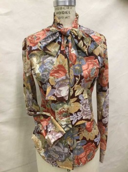 Womens, Blouse, ABOUT TIME, Wine Red, Peach Orange, Gray, Olive Green, Cream, Polyester, Floral, M, Large Roses Print, Collar Attached with Self Neck-tie, Button Front, Long Sleeves,