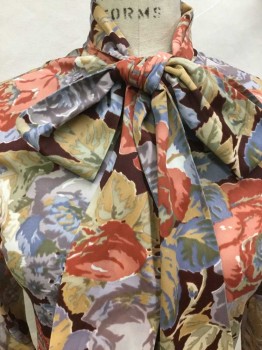 Womens, Blouse, ABOUT TIME, Wine Red, Peach Orange, Gray, Olive Green, Cream, Polyester, Floral, M, Large Roses Print, Collar Attached with Self Neck-tie, Button Front, Long Sleeves,