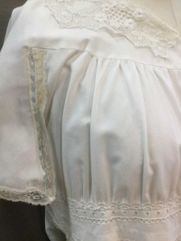 N/L, White, Lt Blue, Cotton, Lace, Solid, Short Sleeve,  Buttons In Back, White Lace Collar, Cream Lace & Light Blue Satin Trim At Cuffs/Armscye, White Eyelet Trim At Waistband & Hem,