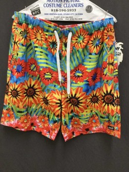 Mens, Swim Trunks, NEFF, Blue, Lime Green, Yellow, Orange, Black, Polyester, Floral, M, Blue Sky W/lime, Yellow, Orange, Red Large Floral Print, 1-1/2" Elastic Waistband W/cream D-string Cord, 3 Pockets