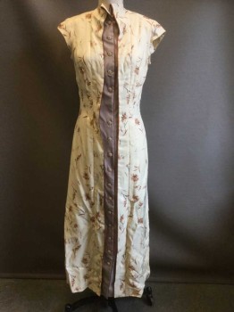 Womens, Dress, MTO, Cream, Brown, Gray, Black, Polyester, Floral, W 27, B 34, Cream with Leafy Flowers, Gray Underplacket with Brown Piping, Button Front, Cap Sleeve, High Collar, Hem Below Knee