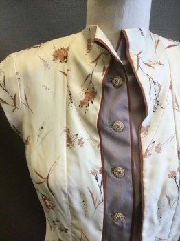 MTO, Cream, Brown, Gray, Black, Polyester, Floral, Cream with Leafy Flowers, Gray Underplacket with Brown Piping, Button Front, Cap Sleeve, High Collar, Hem Below Knee