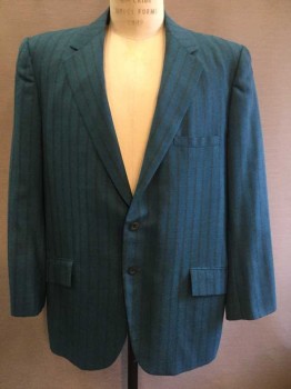Thread & Thimble, Teal Blue, Dk Olive Grn, Synthetic, Stripes, Single Breasted, Collar Attached, Notched Lapel, 3 Pockets, 2 Buttons