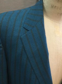 Mens, Blazer/Sport Co, Thread & Thimble, Teal Blue, Dk Olive Grn, Synthetic, Stripes, 46R, Single Breasted, Collar Attached, Notched Lapel, 3 Pockets, 2 Buttons