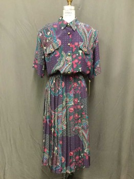 Leslie Fay, Teal Blue, Purple, Green, Off White, Fuchsia Pink, Polyester, Floral, Paisley/Swirls, Hem Below Knee, Elastic Waist, Pleated Skirt, Button Front, Ornate Gold Buttons, Short Sleeve,  Two Faux Flap Pockets, Collar Attached,