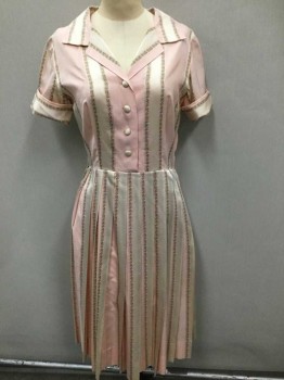 N/L, Lt Pink, Cream, Assorted Colors, Silk, Stripes - Vertical , Floral, Light Pink with Cream Stripes, Multicolor Floral Stripes, Short Sleeve,  Notched Collar, 4 Cream Covered Buttons, Pleated Waist, Hem Below Knee, Side Zipper, Cuffed Sleeves, Has Mending Right Side Underarm,