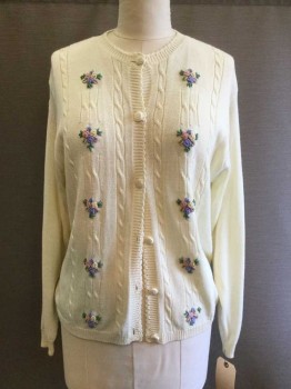 CANDA, Cream, Pink, Lavender Purple, Green, Acrylic, Cable Knit, Floral, Crew Neck, Button Front, Scallopped Edges, Embroidered Florets Down Fronts, Self Covered Buttons