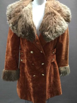 N/L, Rust Orange, Brown, Synthetic, Faux Fur, Solid, Rust Flocked Fabric, Brown Faux Fur Collar & Cuffs, Double Breast,  3/4 Length