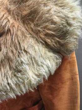 Womens, Coat, N/L, Rust Orange, Brown, Synthetic, Faux Fur, Solid, W32, B34/36, Rust Flocked Fabric, Brown Faux Fur Collar & Cuffs, Double Breast,  3/4 Length