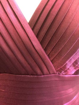 ADRIANNA PAPELL, Wine Red, Rayon, Polyester, Solid, Fine 1/2" Wide Pleats, Diagonal at Bust and Horizontal From Waist to Hem, Sleeveless, Elastic Waist, Wrapped V-neck, Straight Fit Skirt, Hem Above Knee,  Invisible Zipper at Center Back