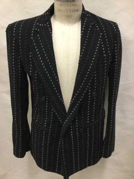 N/L, Black, Gray, White, Wool, Stripes - Vertical , Double Breasted, Notched Lapel, Padded Shoulders, Black Lining,