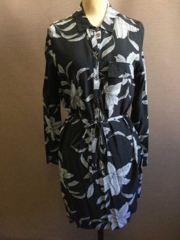 Womens, Dress, Long & 3/4 Sleeve, TOPSHOP, Charcoal Gray, Powder Blue, Viscose, Floral, 4, Shirt Dress, 1/2 Button Front, Long Sleeves, Collar Attached, 1 Pocket, Hem Above Knee,  with Self Belt, Scallopped Hem