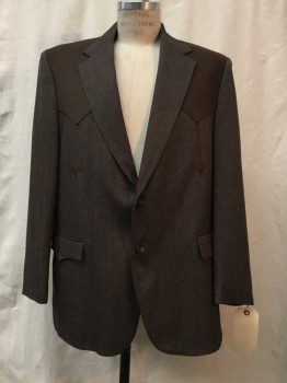 Mens, Sportcoat/Blazer, CIRCLE, Brown, Synthetic, Wool, Heathered, 44R, Heather Gray, Faux Suede Western Yolk, 2 Buttons,  Notched Lapel,