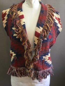 Womens, Vest, N/L, Maroon Red, Navy Blue, Beige, Cotton, Geometric, B:46, Southwestern Style Pattern Heavy Cotton, Shawl Lapel with Yarn Fringe Edges, Yarn Fringe Edges at Hem As Well, Open Center Front (No Closures), Silver Metal Bird Shaped Details with Maroon Leather Cords (One on Each Side at Front), No Lining,