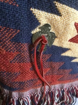N/L, Maroon Red, Navy Blue, Beige, Cotton, Geometric, Southwestern Style Pattern Heavy Cotton, Shawl Lapel with Yarn Fringe Edges, Yarn Fringe Edges at Hem As Well, Open Center Front (No Closures), Silver Metal Bird Shaped Details with Maroon Leather Cords (One on Each Side at Front), No Lining,
