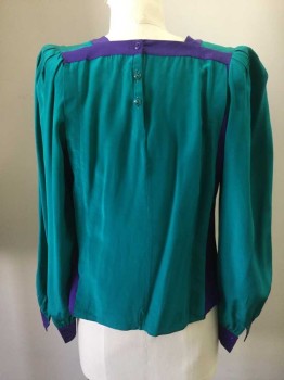 N/L, Teal Green, Purple, Silk, Color Blocking, Square Purple Collar, Teal Green Pleated Body with Purple Sides, Pleated Teal Green Long Sleeves, with Purple Cuff, 3button Back