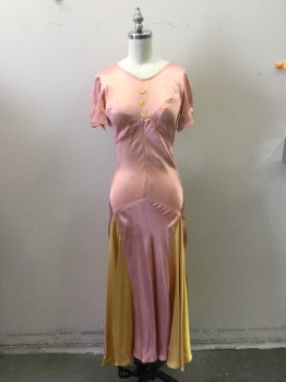 Womens, Evening Gown, MTO, Peach Orange, Yellow, Rayon, Solid, W25, B32, Evening Gown, Bias Cut Short Sleeves, V Neck with 3 Buttons at Front. 4 Yellow Godet Panels in Skirt. Zipper Center Back,