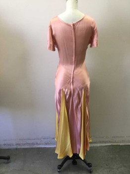Womens, Evening Gown, MTO, Peach Orange, Yellow, Rayon, Solid, W25, B32, Evening Gown, Bias Cut Short Sleeves, V Neck with 3 Buttons at Front. 4 Yellow Godet Panels in Skirt. Zipper Center Back,
